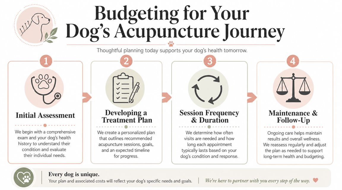 An infographic titled Budgeting for Your Dog's Acupuncture Journey, showing a four-step process for veterinary care planning.
