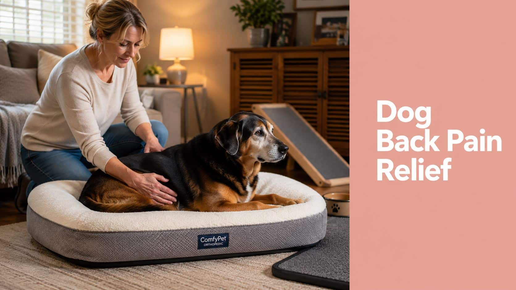A woman gently massaging a dog lying on a large orthopedic bed in a cozy living room, with a peach panel showing “Dog Back Pain Relief.”