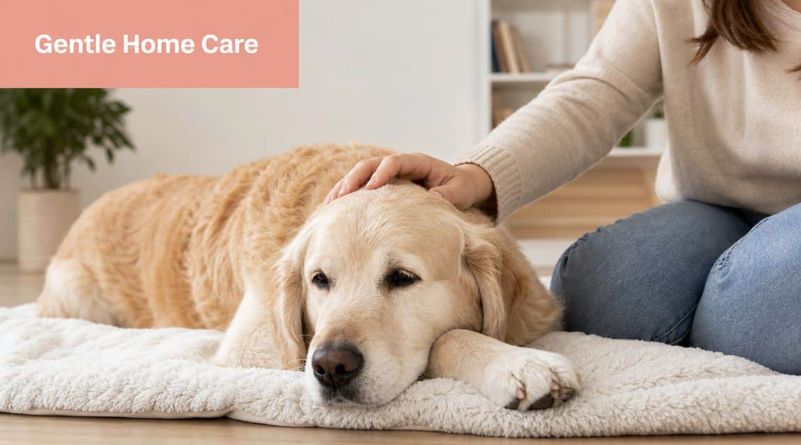 A person gently pets a calm, resting golden retriever dog lying on a soft white rug at home.