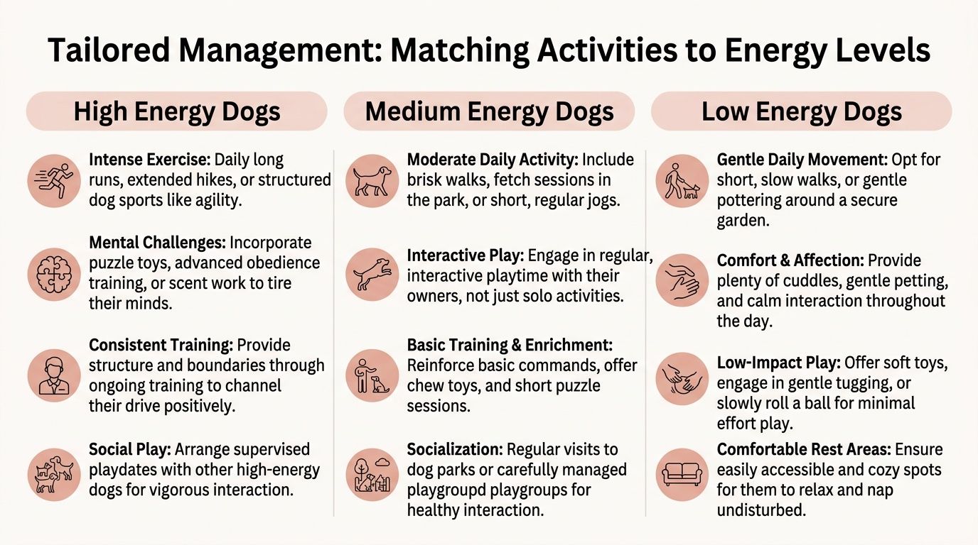 A chart detailing tailored activity management tips for high, medium, and low energy dogs.