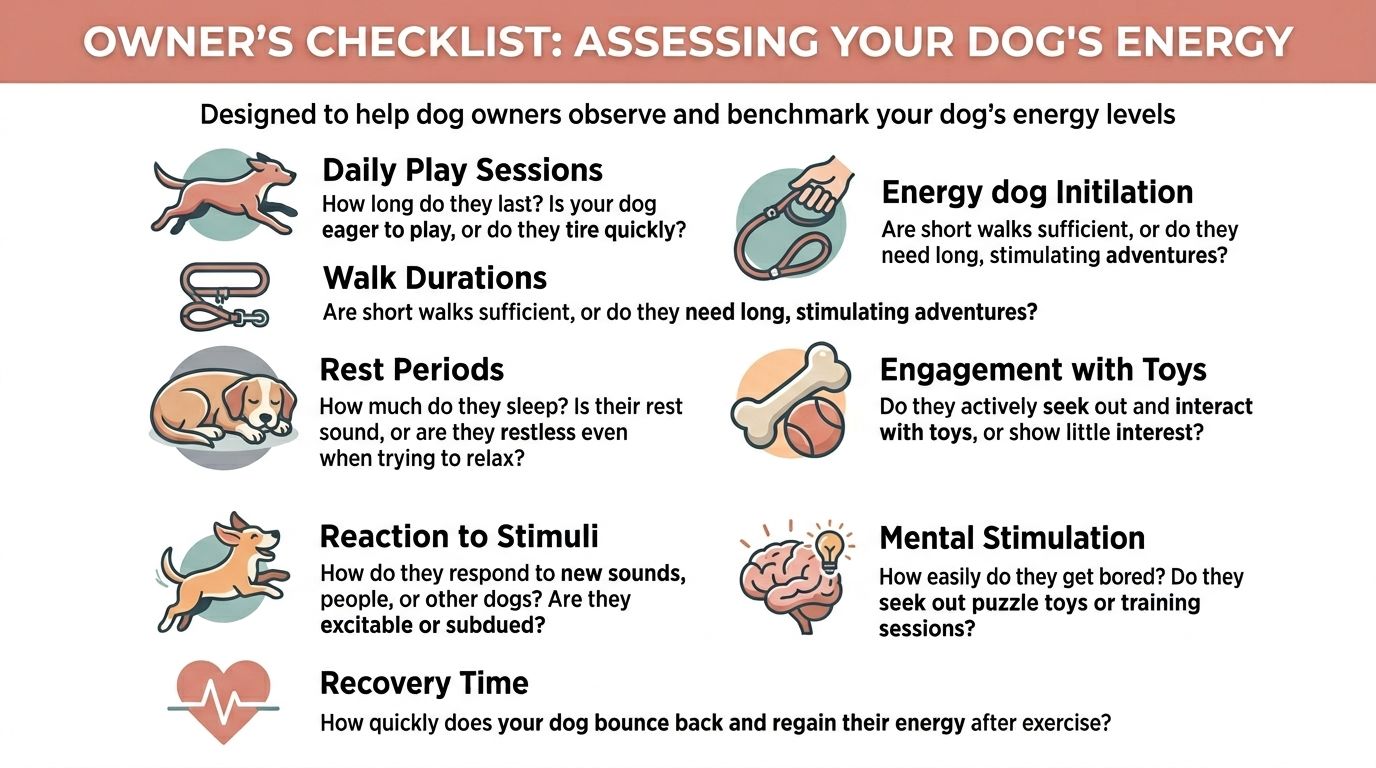 An infographic checklist for dog owners to assess their dog's energy levels and exercise needs.