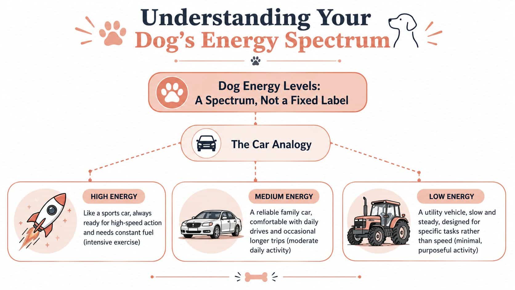 An infographic titled Understanding Your Dog's Energy Spectrum comparing dog energy levels using a car analogy.