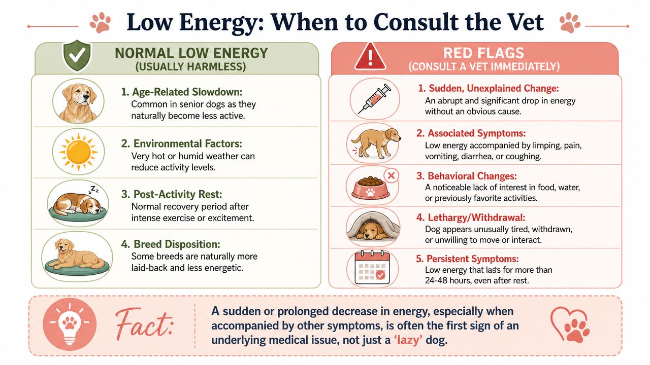 An infographic titled Low Energy: When to Consult the Vet explaining normal versus concerning dog behavior.