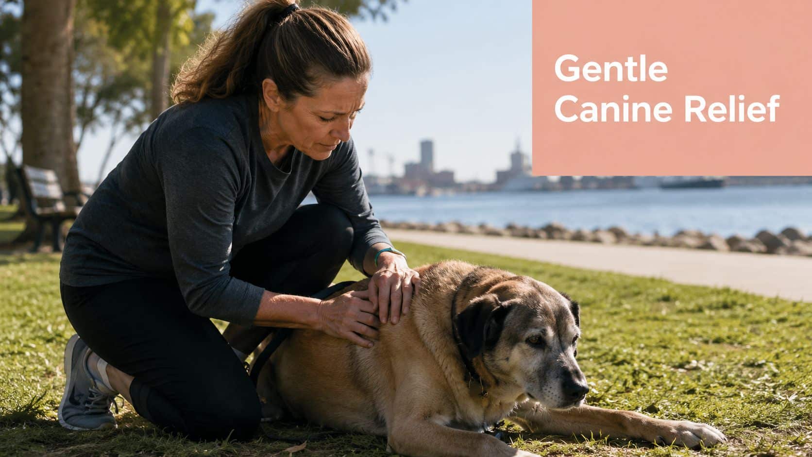 A woman kneeling on the grass gently petting and comforting her aging senior dog outdoors.