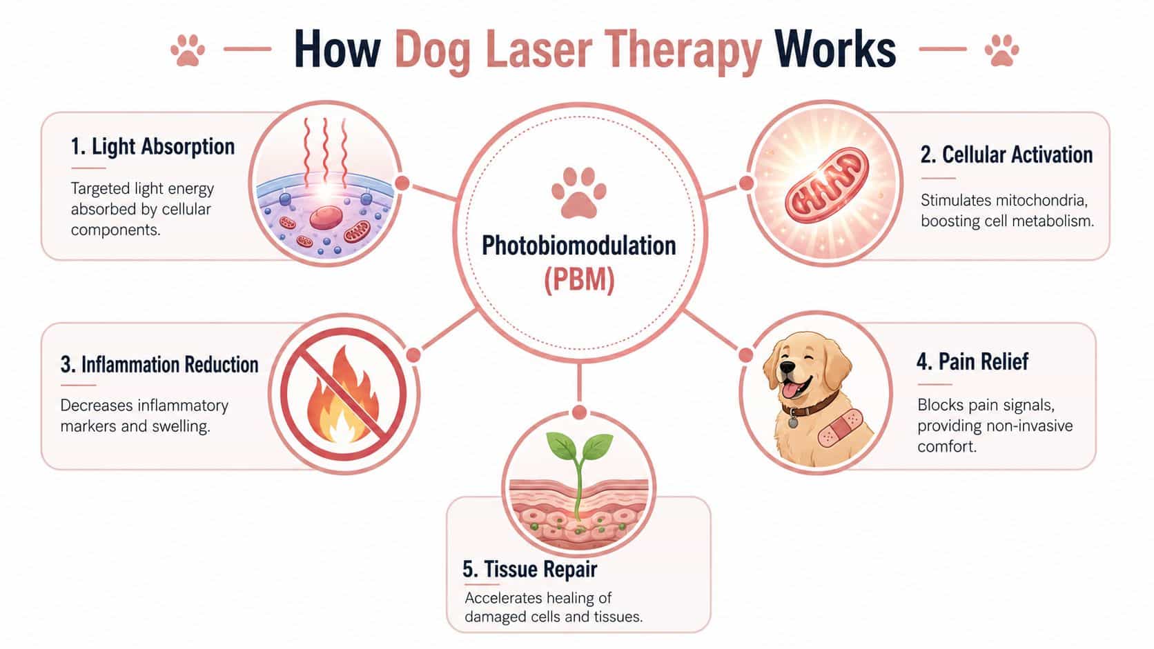 An infographic titled How Dog Laser Therapy Works illustrating five key steps of the photobiomodulation process.