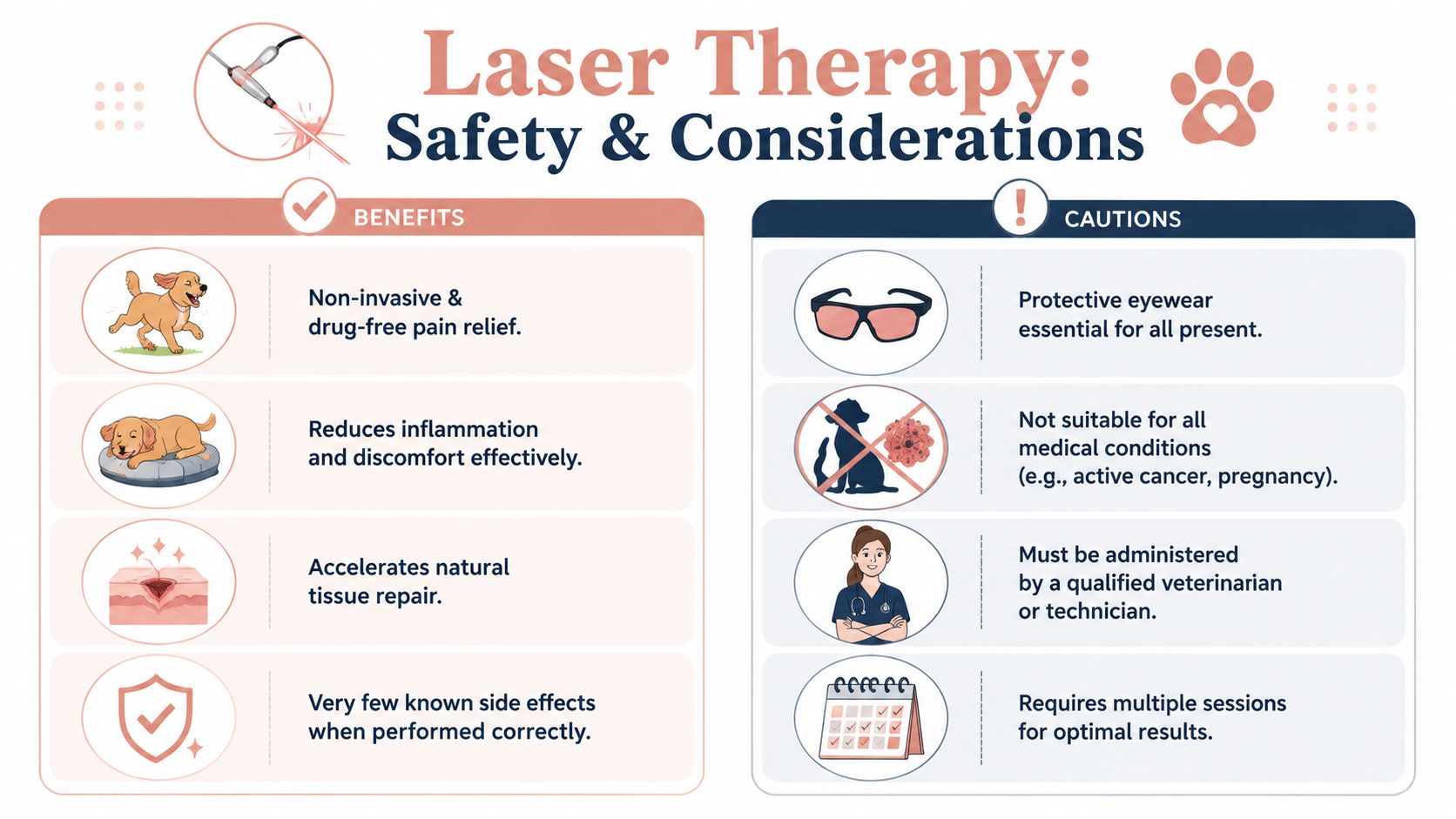 An infographic detailing the benefits and safety precautions for laser therapy treatments in veterinary medical care.