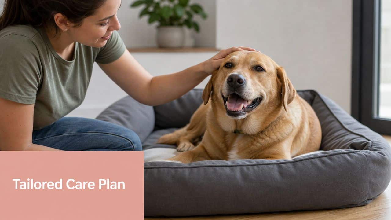 A happy dog sitting on a comfortable bed while its owner gently pets its head.