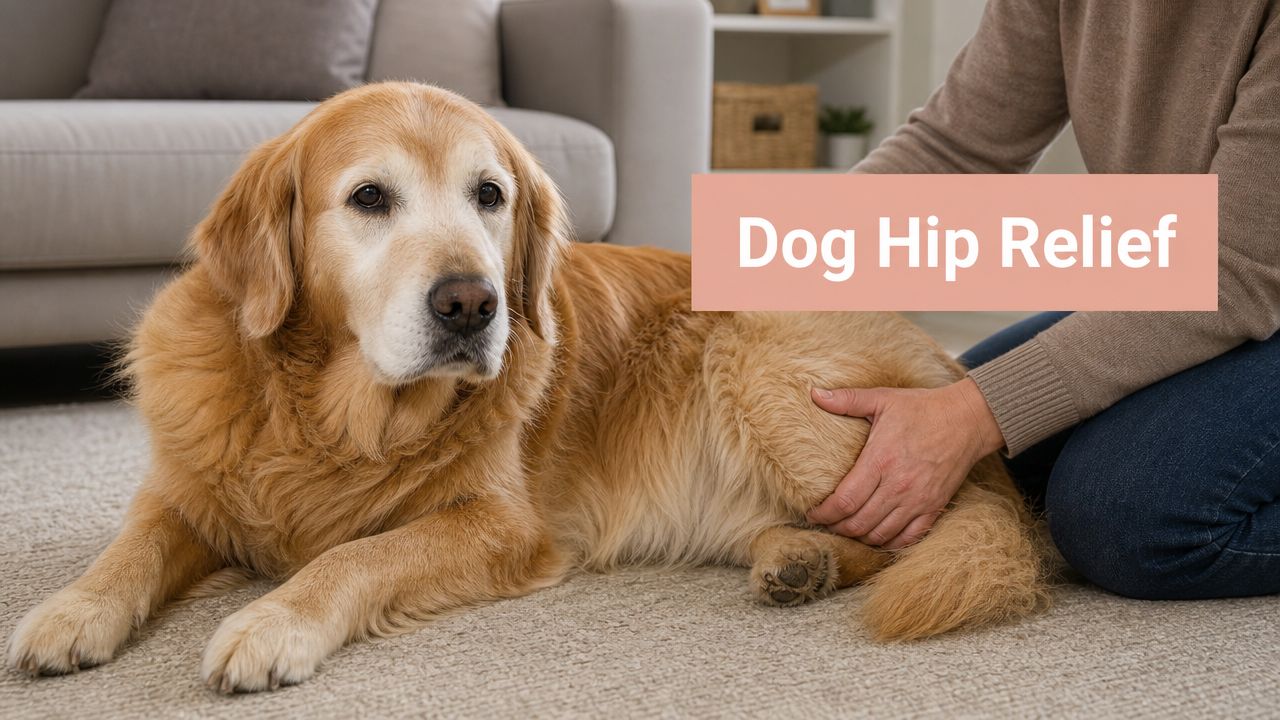 Golden retriever resting on a carpet indoors as a person gently masses its hip for relief.