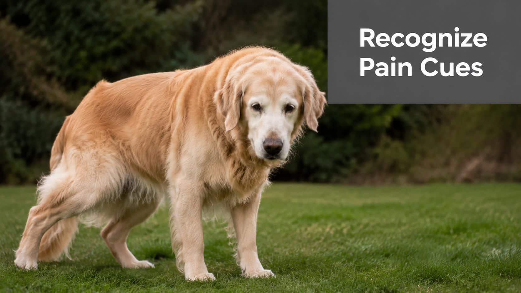 An elderly golden retriever standing in the grass, displaying body language that may indicate physical pain.