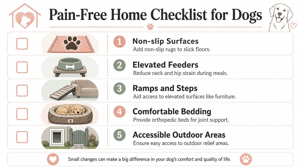 A checklist for creating a pain-free home for dogs, highlighting rugs, elevated feeders, ramps, beds, and accessibility.