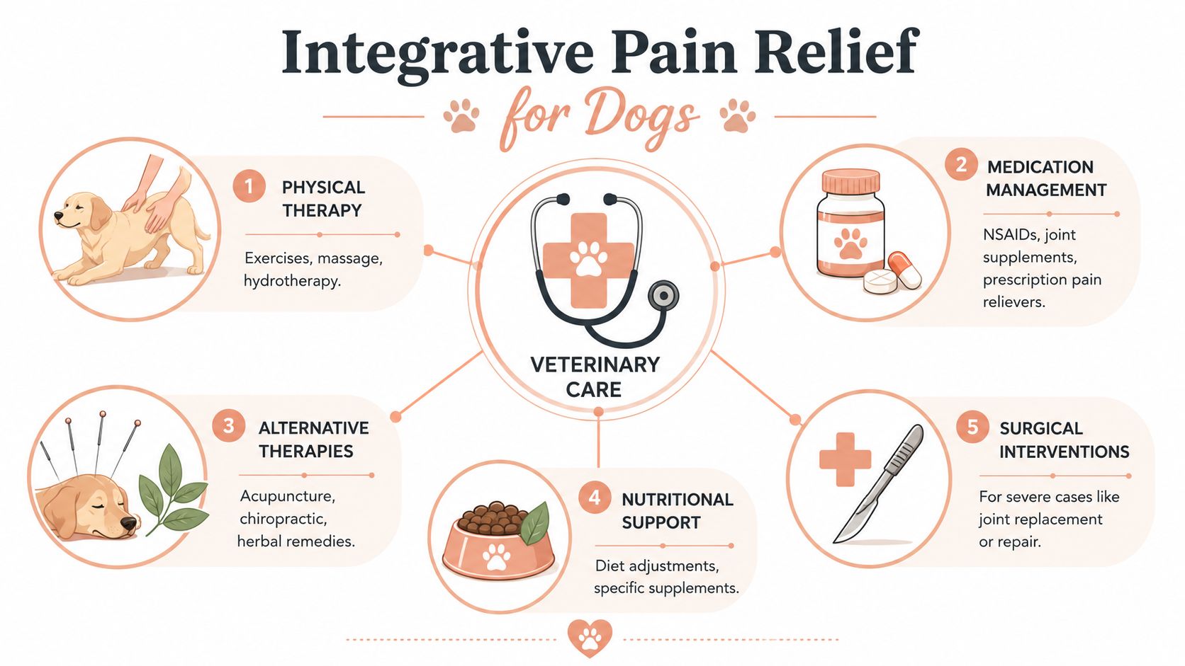 A diagram illustrating five integrative approaches for dog pain relief, centered around veterinary care.