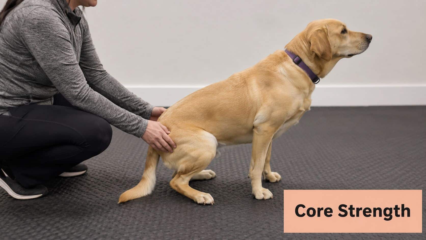 A person performing physical therapy exercises on a yellow Labrador dog to improve its core strength.