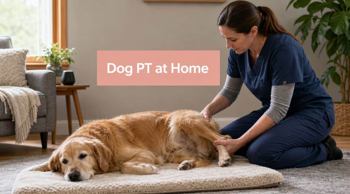 Overlay text reads 'Dog PT at Home' as a caregiver in blue scrubs gently stretches a golden retriever lying on a rug at home.