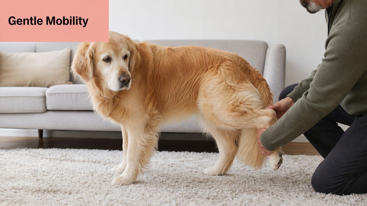 An elderly golden retriever receives gentle physical therapy on its back leg from an owner indoors.