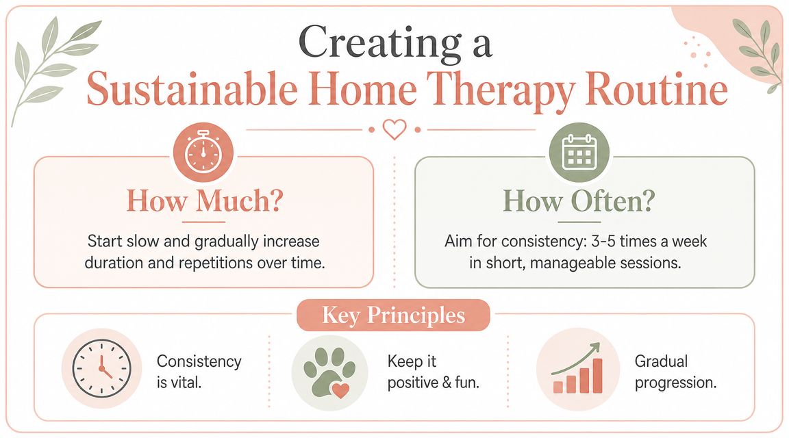 An infographic on creating a sustainable home therapy routine for dogs, featuring tips on frequency and key principles.