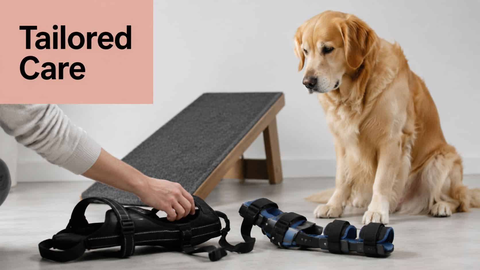 A person preparing specialized leg braces and equipment for a golden retriever dog undergoing physical rehabilitation.