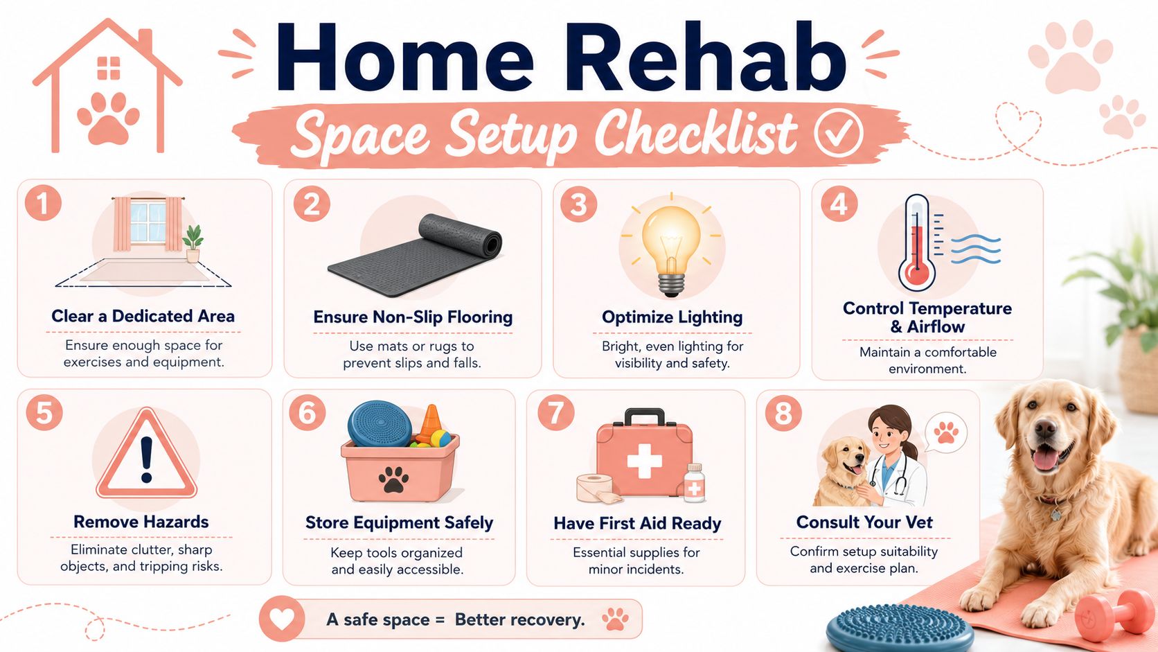 An infographic checklist for setting up a safe home rehabilitation space for dogs featuring eight helpful steps.