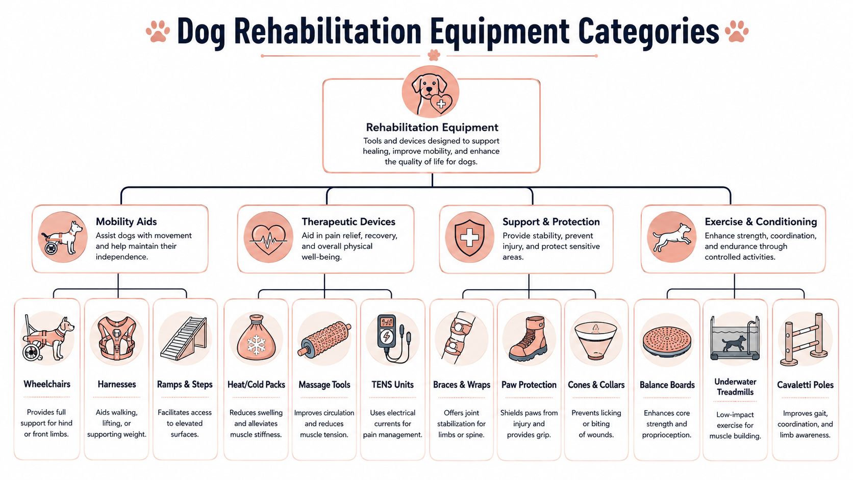 An infographic chart displaying various dog rehabilitation equipment categories including mobility aids, therapeutic devices, support, and conditioning tools.