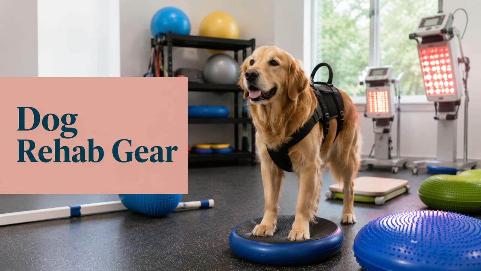 Golden retriever wearing a rehab harness stands on a balance disk in a canine rehabilitation room with therapy equipment nearby.