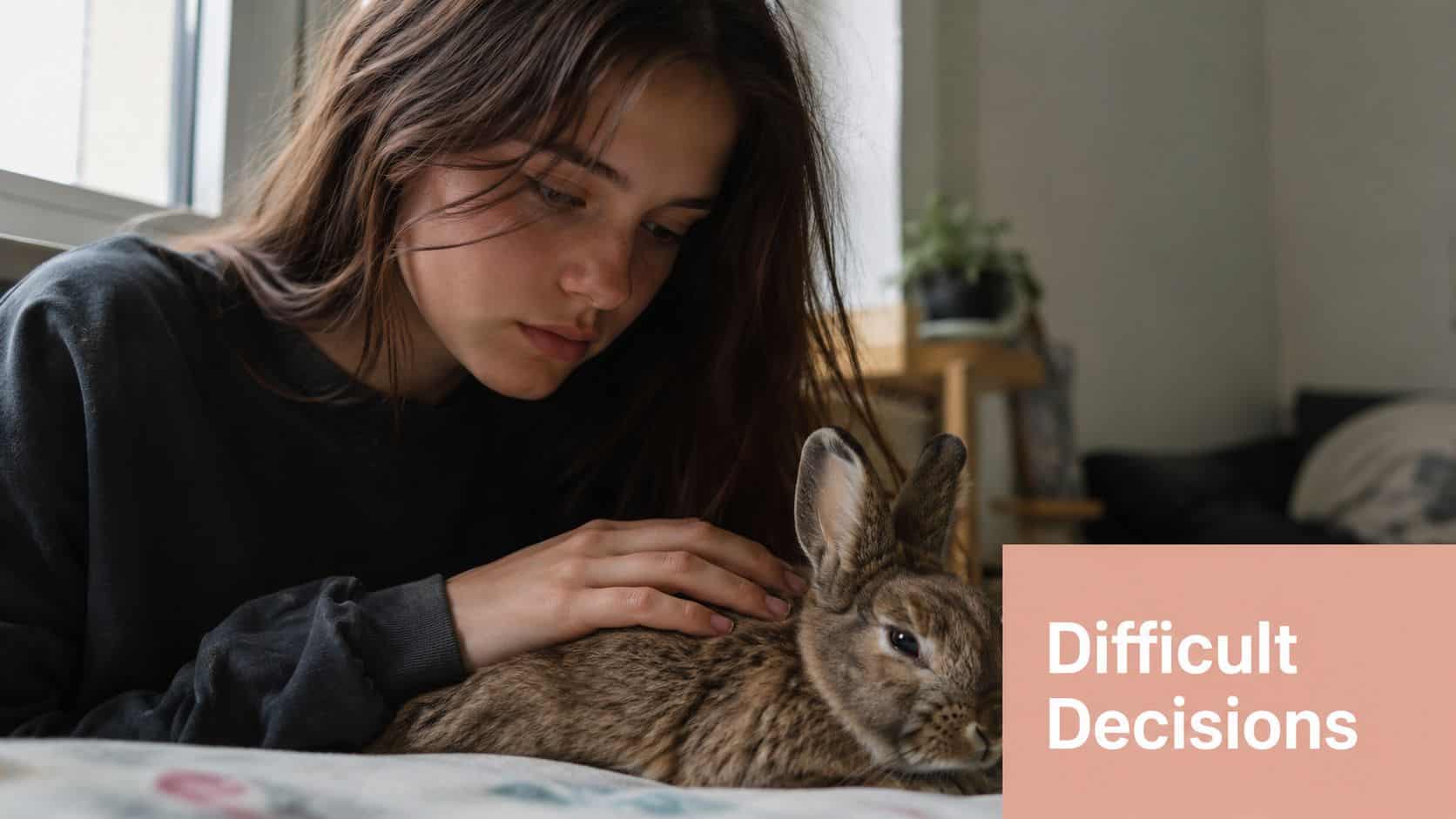 A young woman sitting comfortably while gently petting her brown pet rabbit in an indoor setting.
