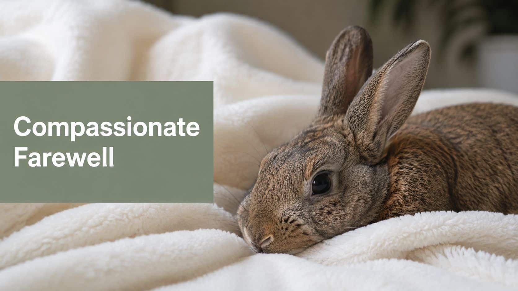 Brown rabbit resting on a white fluffy blanket with a green overlay that reads: 'Compassionate Farewell'.
