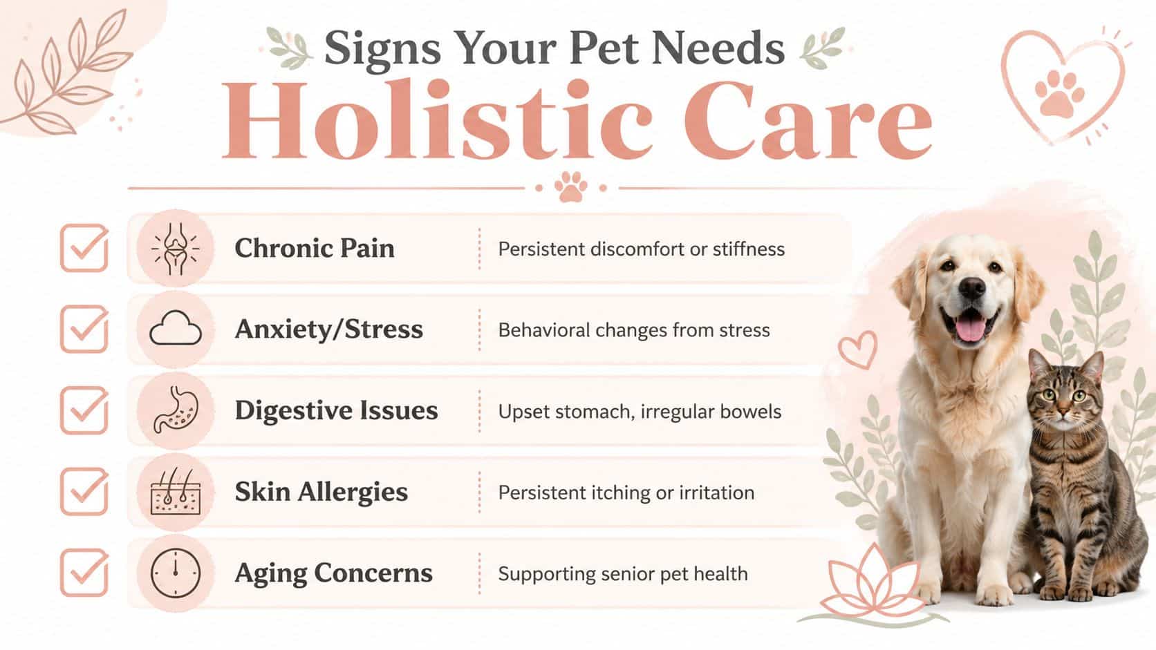 A list graphic titled Signs Your Pet Needs Holistic Care featuring a dog and cat.