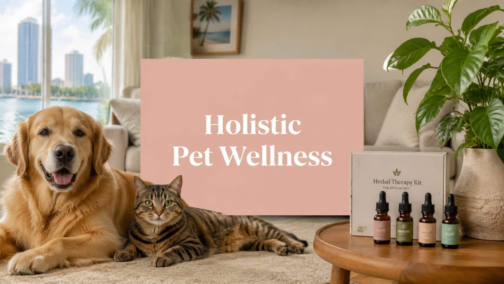Golden retriever and tabby cat sit on a living room rug beside a pink sign reading 'Holistic Pet Wellness'.
