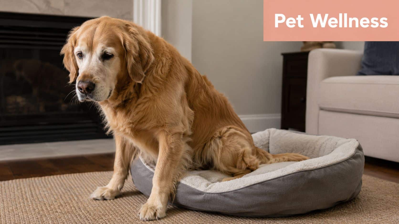 An elderly golden retriever sitting hesitantly on a comfortable, plush grey pet bed indoors.