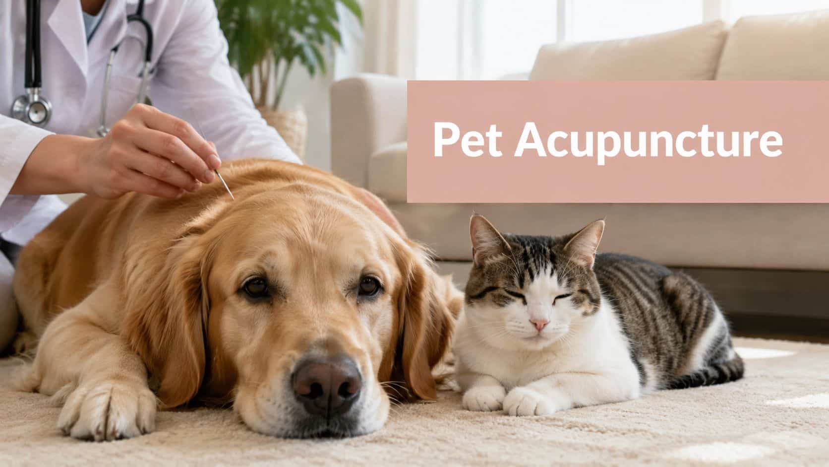 Vet performs acupuncture on a golden retriever as a cat naps beside on a rug.