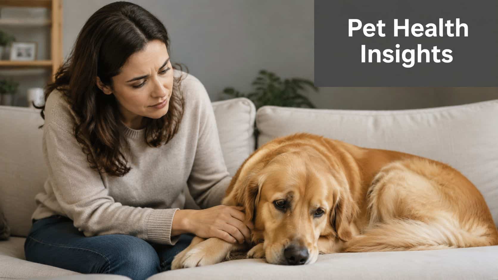 A concerned woman sitting on a sofa and comforting her golden retriever dog at home.