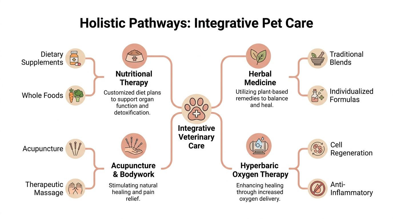 A diagram illustrating integrative veterinary care pathways including nutrition, herbal medicine, acupuncture, and oxygen therapy.