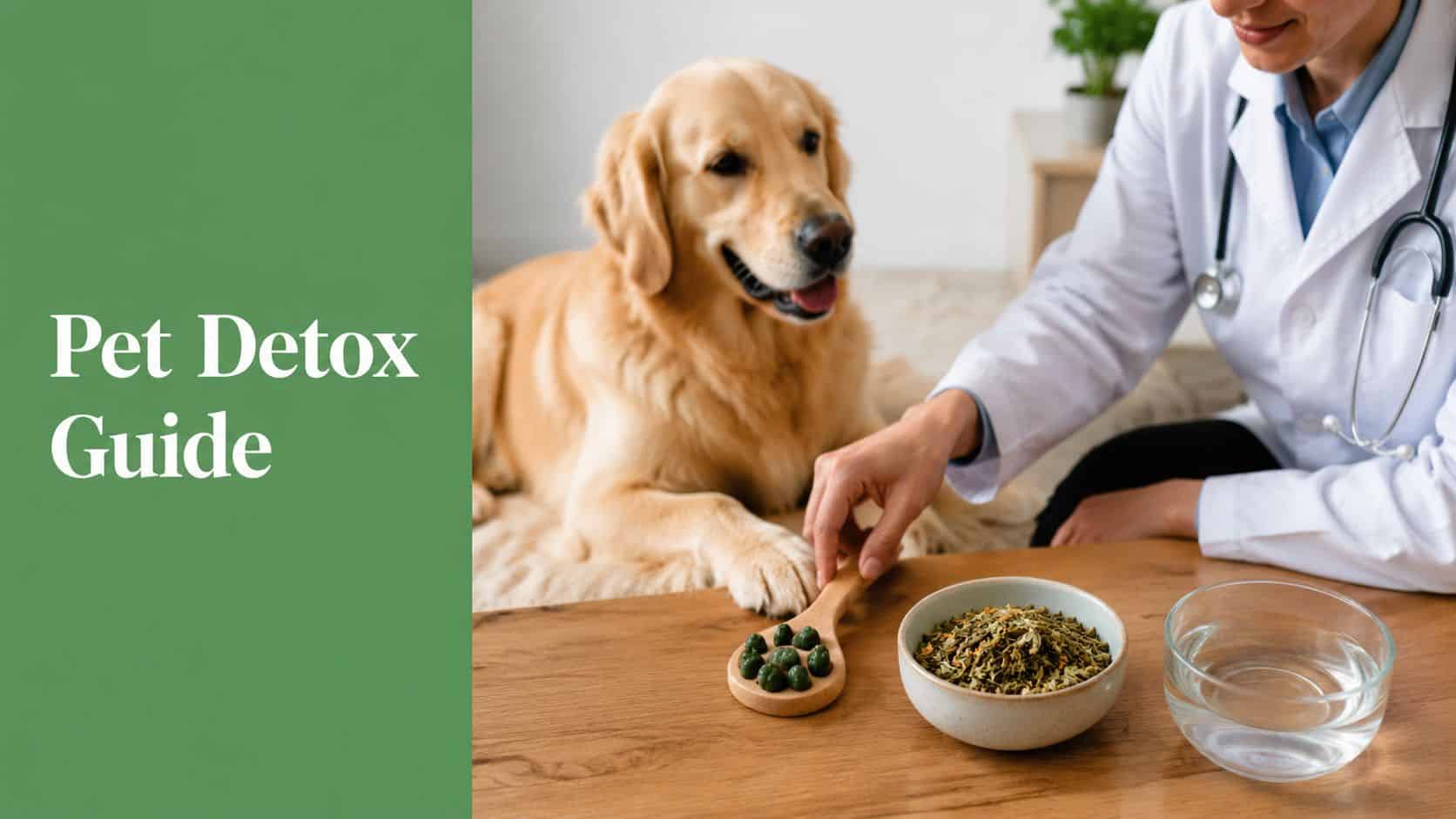 Green panel reading 'Pet Detox Guide' beside a veterinarian and a golden retriever; the vet feeds a herbal mix from a wooden spoon.