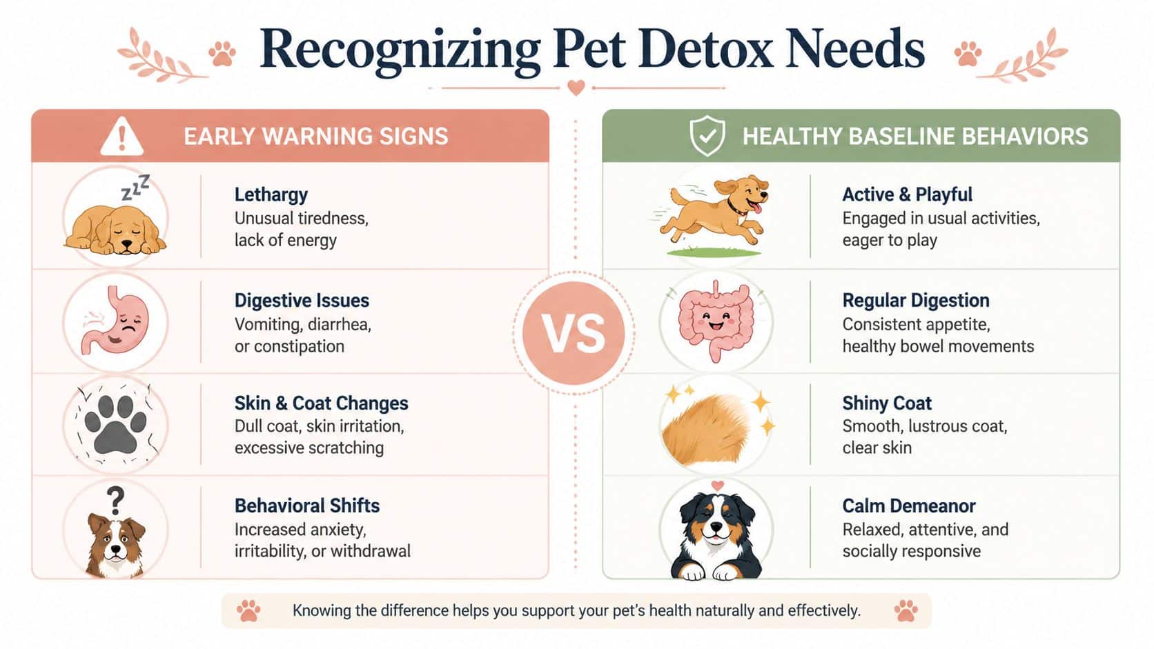 An infographic comparing early warning signs of pet detox needs against healthy baseline behaviors in dogs.