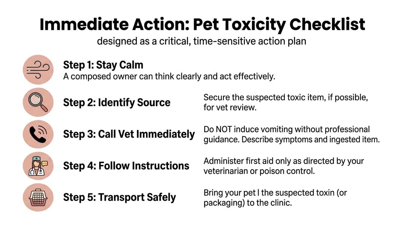 A five-step instructional checklist for pet owners to follow during a pet toxicity emergency situation.
