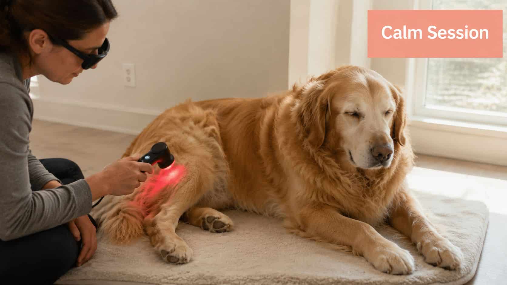A woman wearing protective glasses performs home laser therapy on a calm golden retriever dog.