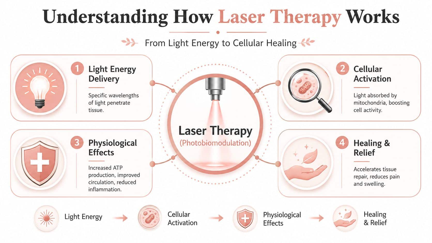 An infographic diagram explaining the four-step process of how laser therapy works from light energy to cellular healing.