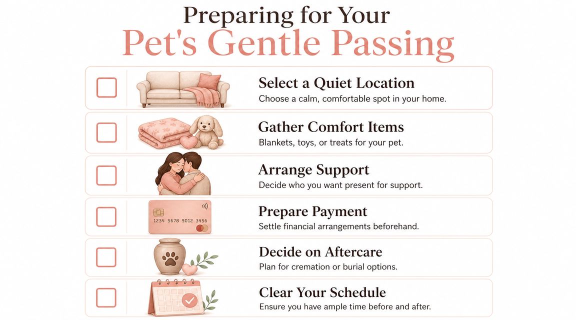 A helpful checklist guide for preparing for your pet's peaceful end-of-life passing at home.
