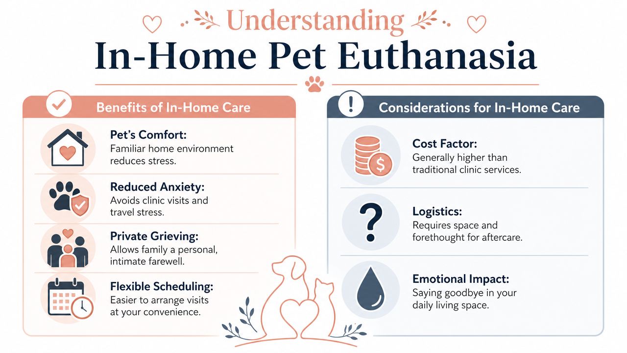 An infographic comparing the benefits and considerations of in-home pet euthanasia services for pet owners.