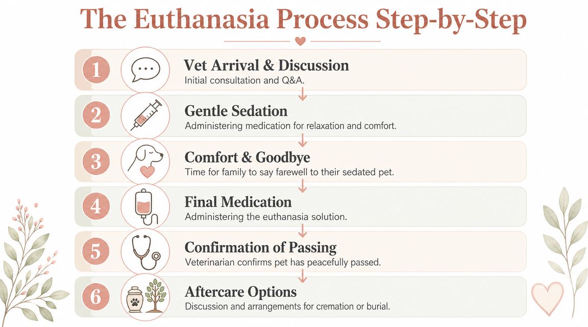 A step-by-step infographic illustrating the professional veterinary euthanasia process for pets from arrival to aftercare.