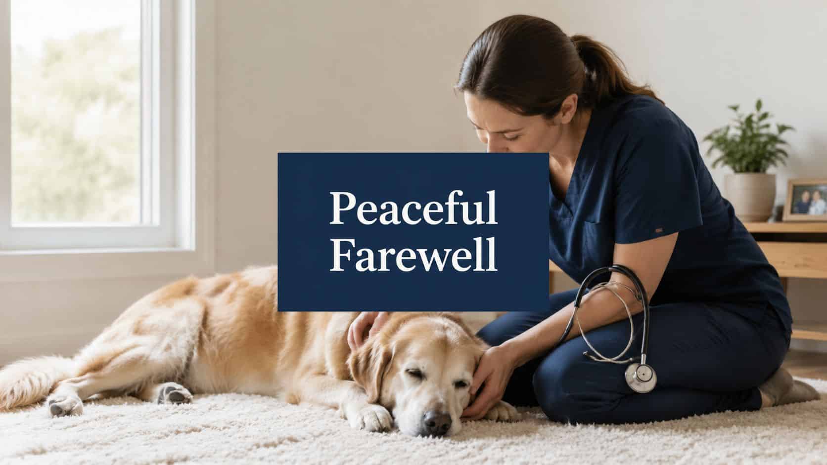 Vet in navy scrubs sits with a sleeping golden retriever on a beige rug; a blue card reads 'Peaceful Farewell'.