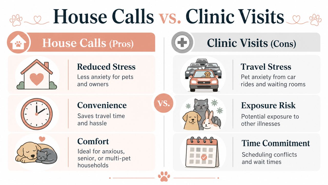 A comparison chart showing the benefits of mobile veterinary house calls versus traditional clinic pet visits.