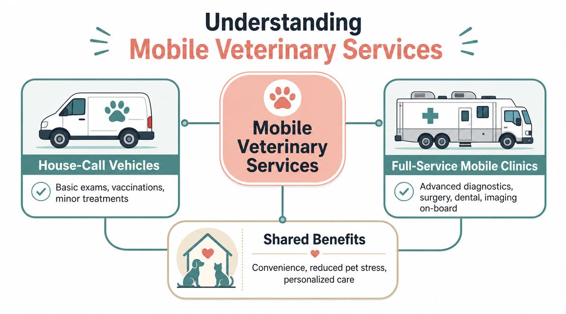 An infographic showing the differences and benefits of mobile veterinary services, including house-call vehicles and clinics.
