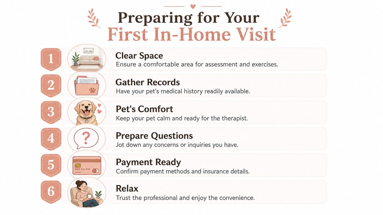An infographic titled Preparing for Your First In-Home Visit with six steps for pet rehabilitation appointments.