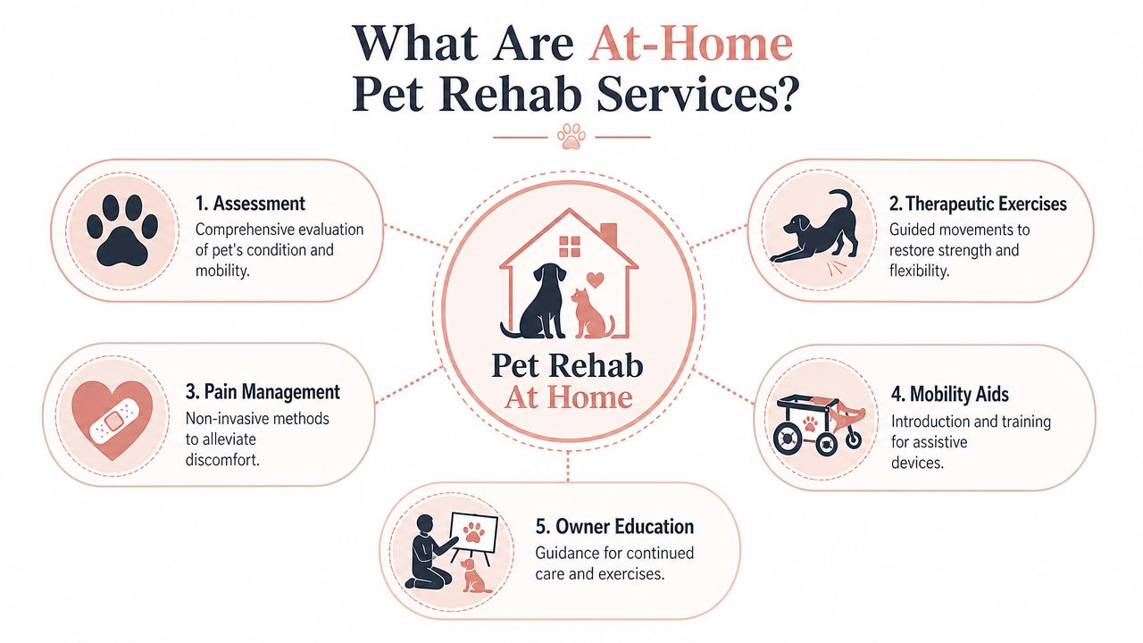 An infographic detailing five key components of at-home pet rehabilitation services for improving animal mobility and health.