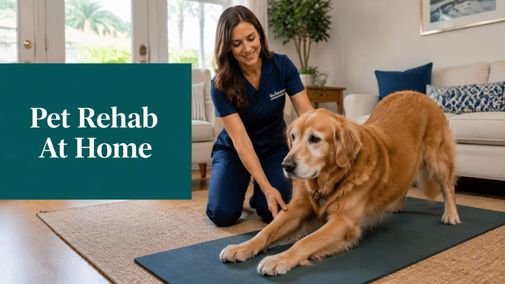 Pet rehab session at home: female vet/therapist guiding a golden retriever on a mat in a living room, text 'Pet Rehab At Home' overlaying the scene
