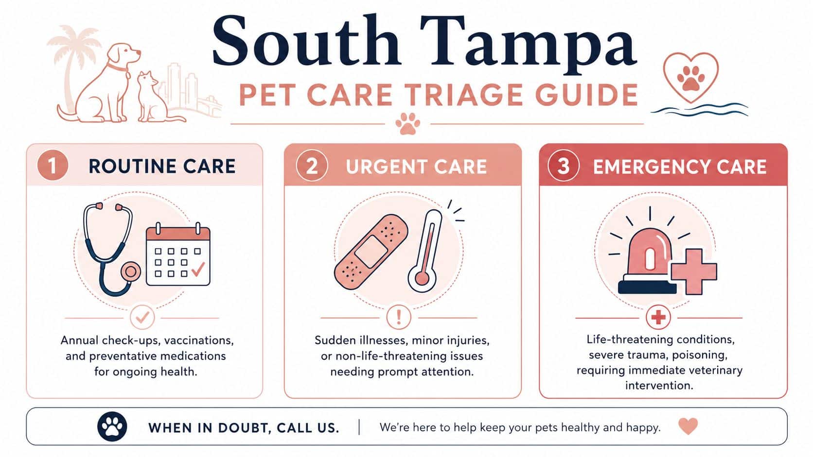 An infographic titled South Tampa Pet Care Triage Guide explaining routine, urgent, and emergency veterinary care services.