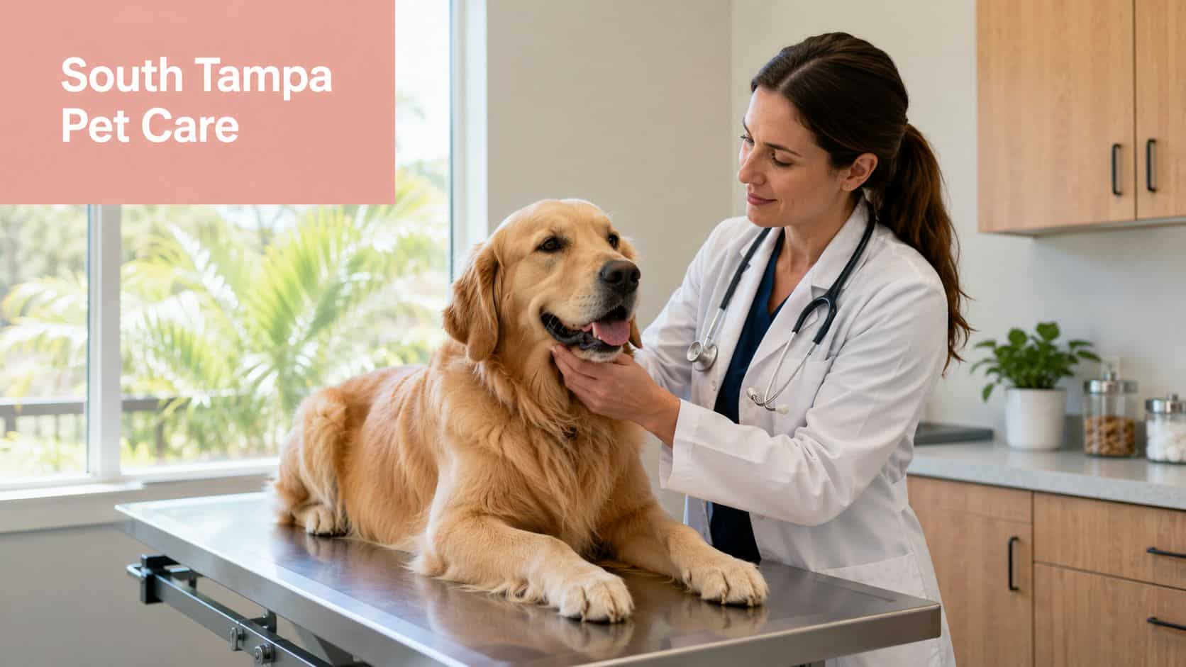 A female veterinarian wearing a white coat examines a friendly golden retriever dog on a metal table.