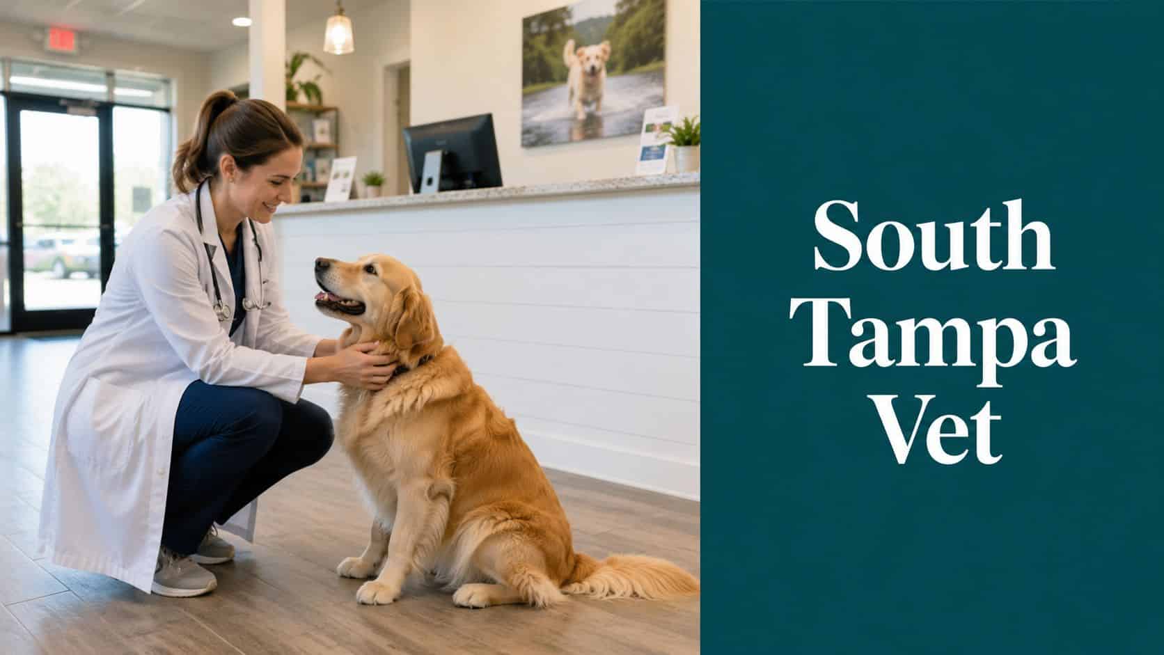 Vet kneeling and smiling at a golden retriever in a bright clinic lobby; teal panel reads 'South Tampa Vet'.