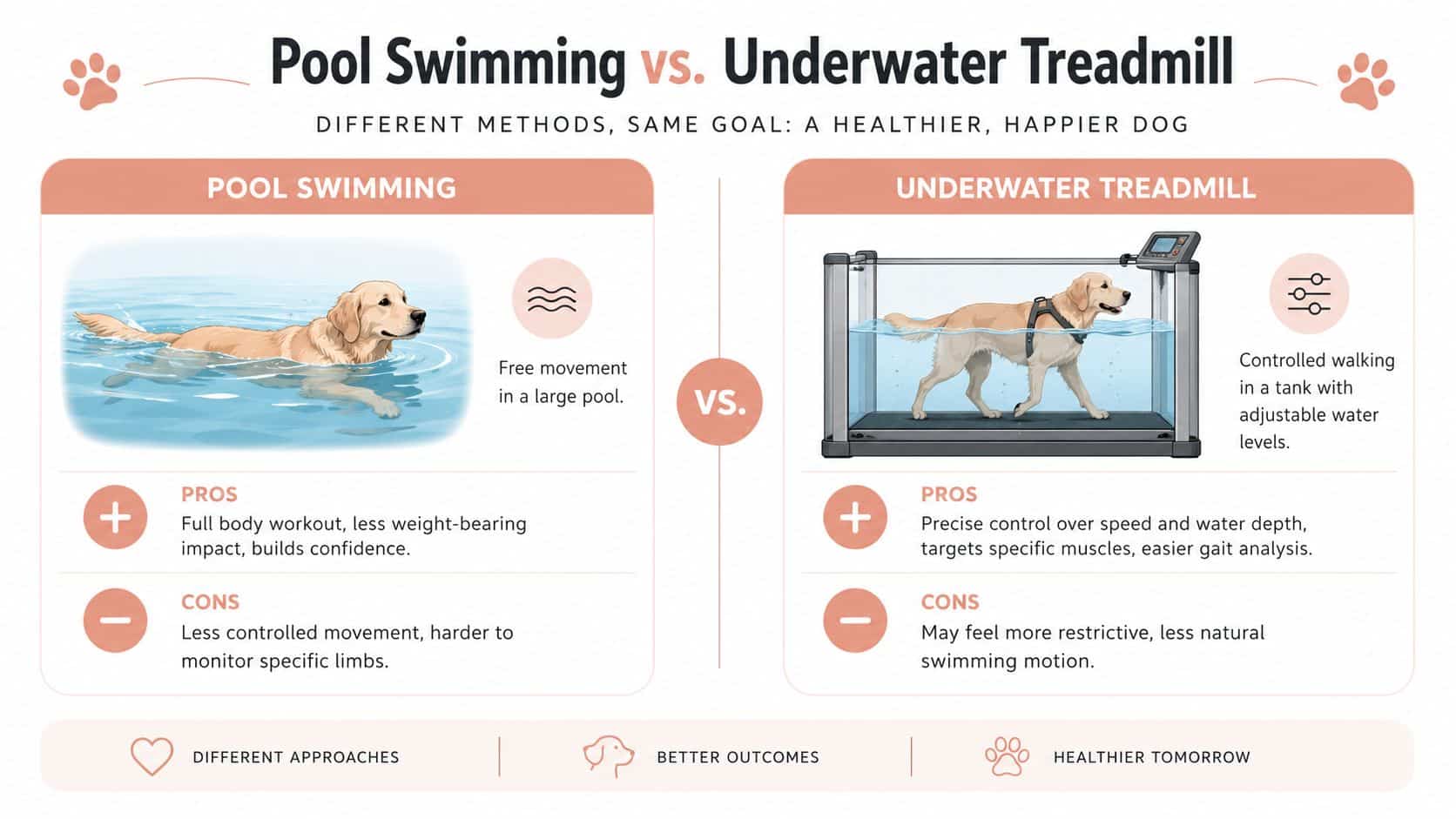 A comparison infographic between pool swimming and underwater treadmill therapy for rehabilitating and exercising dogs.