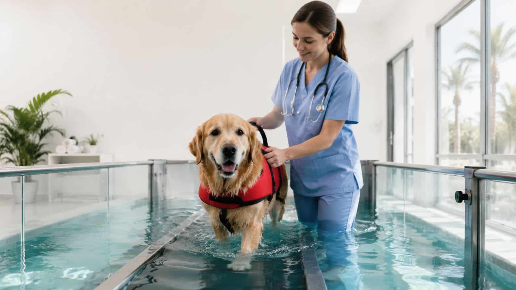 Veterinary professional in blue scrubs guides a golden retriever in a red life vest through an indoor therapy pool.